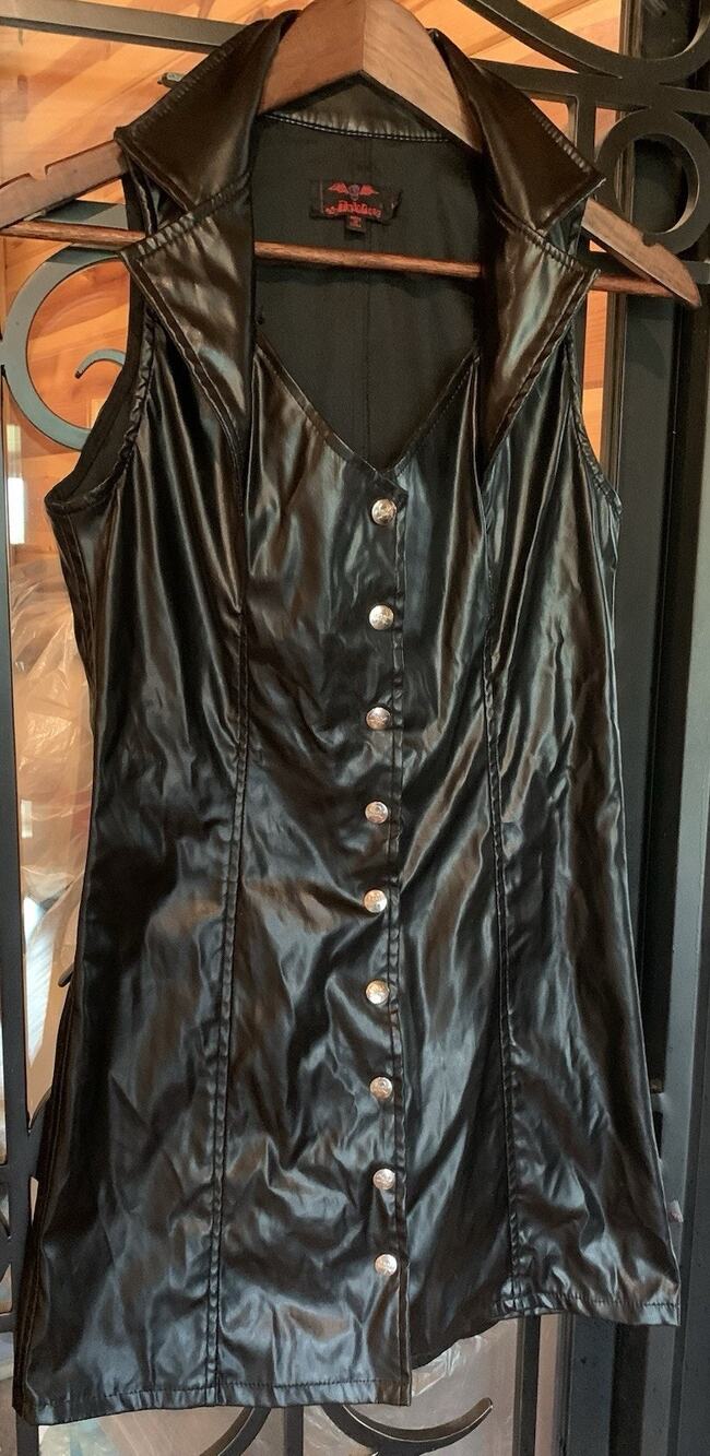 VTG Tripp NYC Black Faux Leather Bat Collar Dress Skull Buttons Y2K Goth Mini